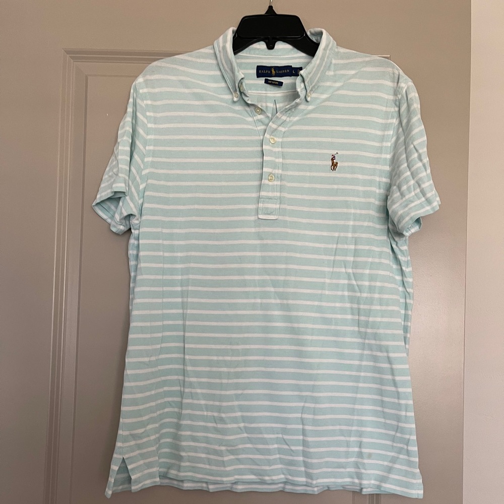 Ralph Lauren Mens White Striped Knit Oxford Short Sleeve Polo Shirt Size Large.